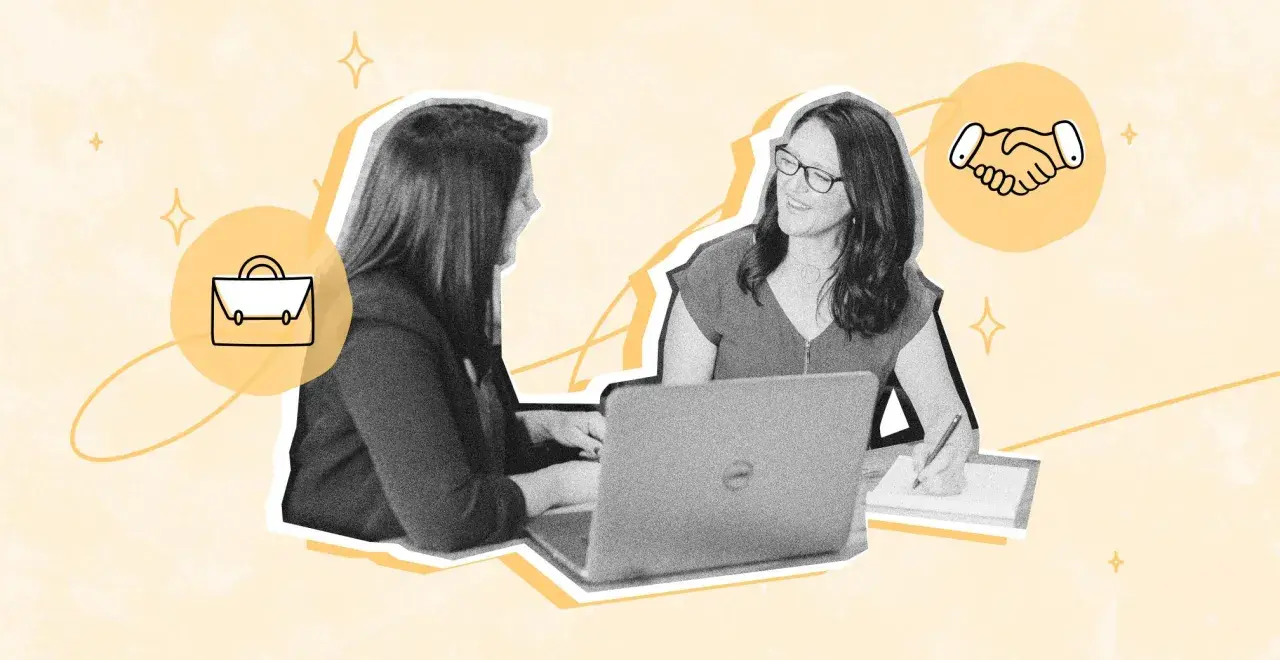 Dos mujeres discuten cómo hacer un contrato de trabajo en España, con iconos de maletín y apretón de manos.