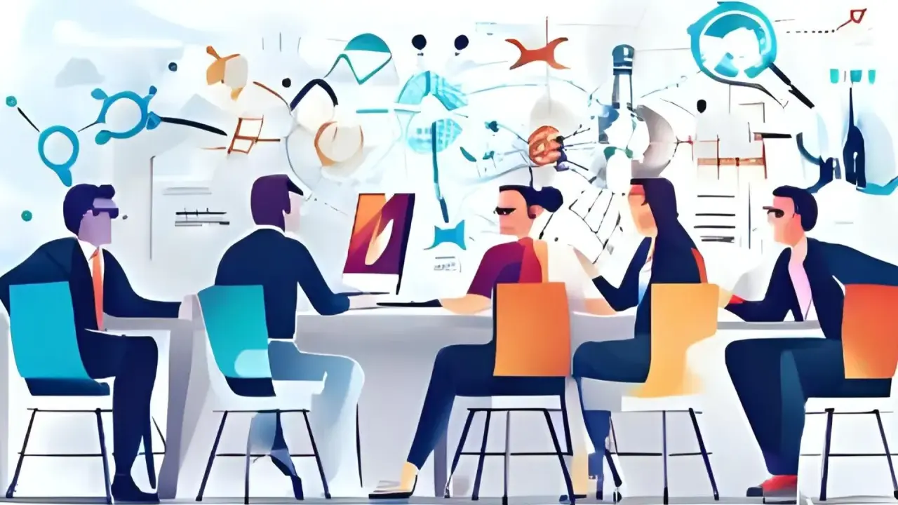 Equipo colaborando en ideas, como si Mary Parker Follett inspirara su trabajo en equipo.