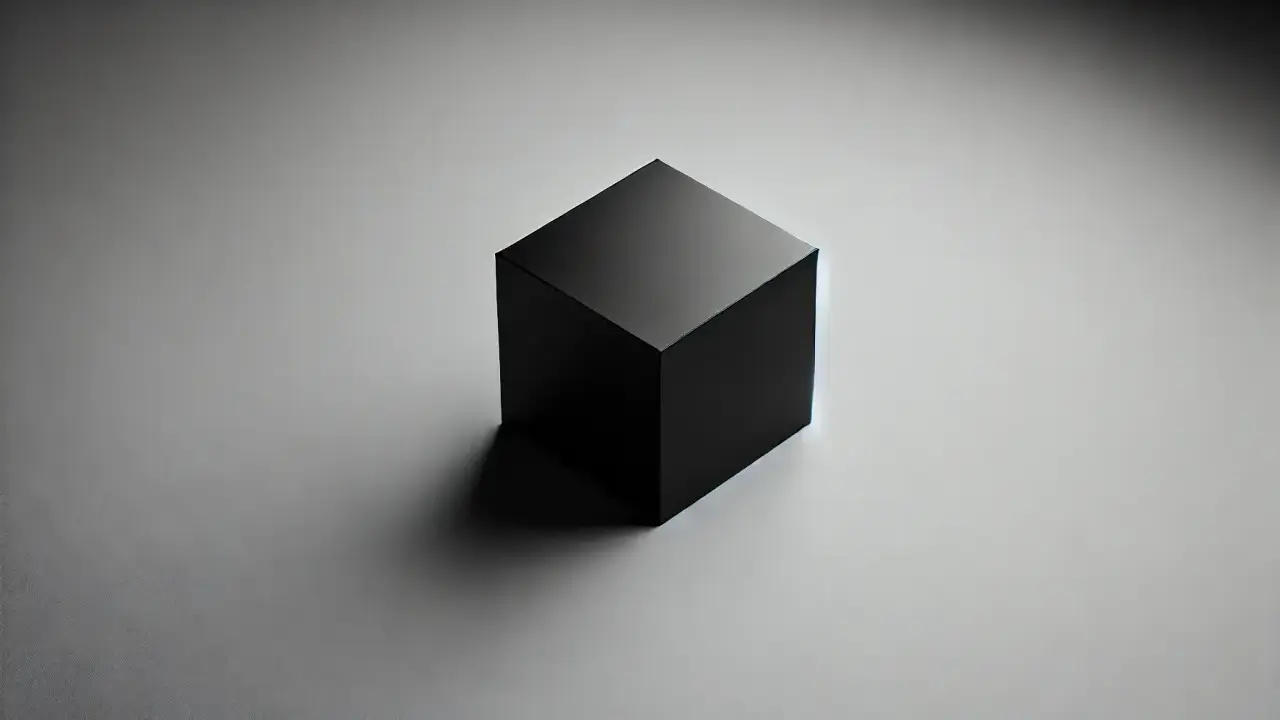 Cubo negro aislado sobre fondo gris, listo para pruebas de caja negra.