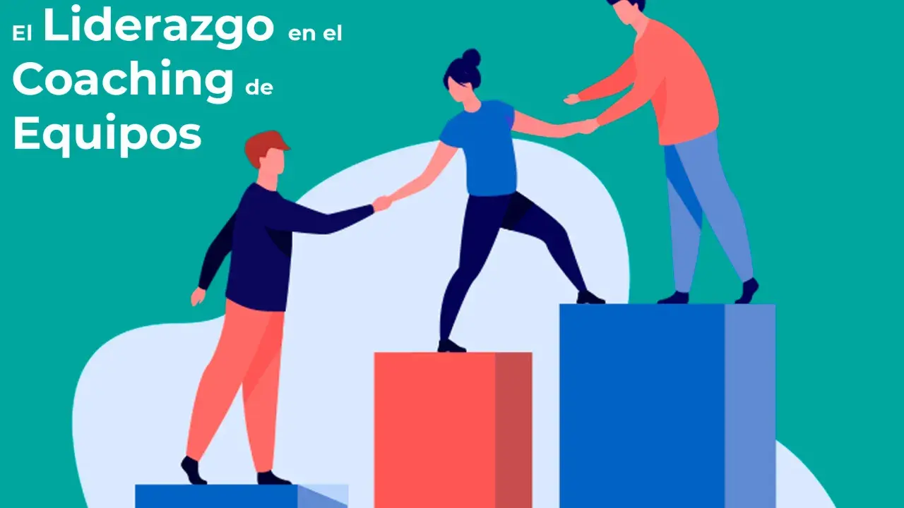 Ilustración de tres personas colaborando en escalones, simbolizando el liderazgo y coaching de equipos para alcanzar metas.