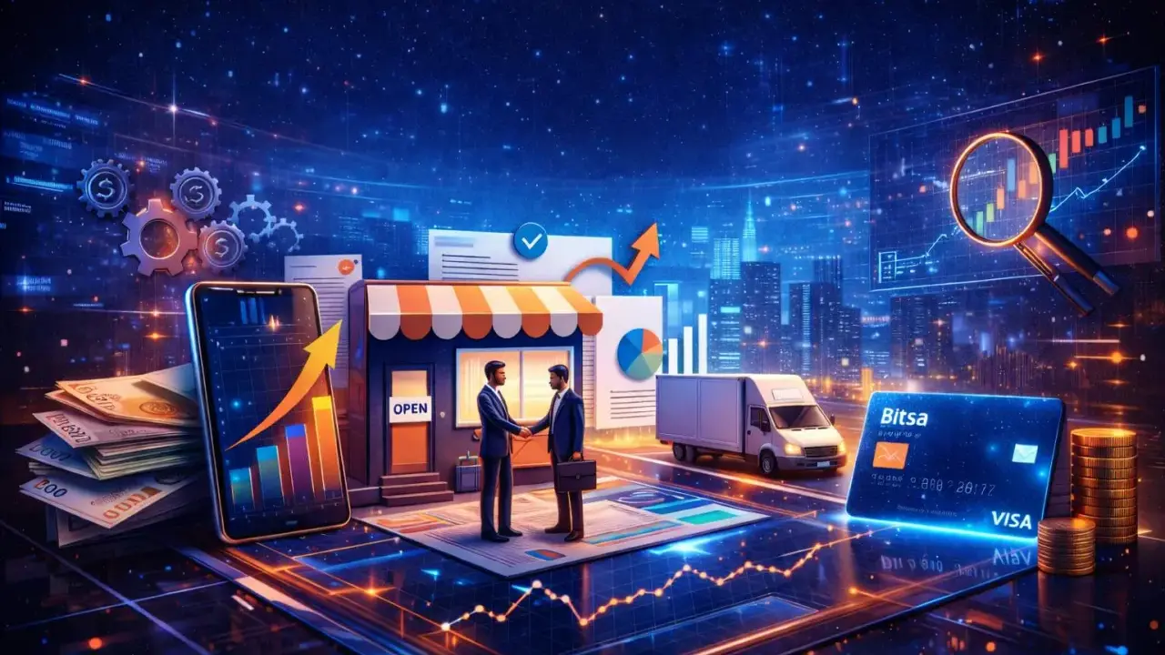 Dos hombres de negocios estrechan la mano frente a una tienda, simbolizando el futuro de los negocios con inteligencia artificial, con gráficos, dinero y una tarjeta de crédito.