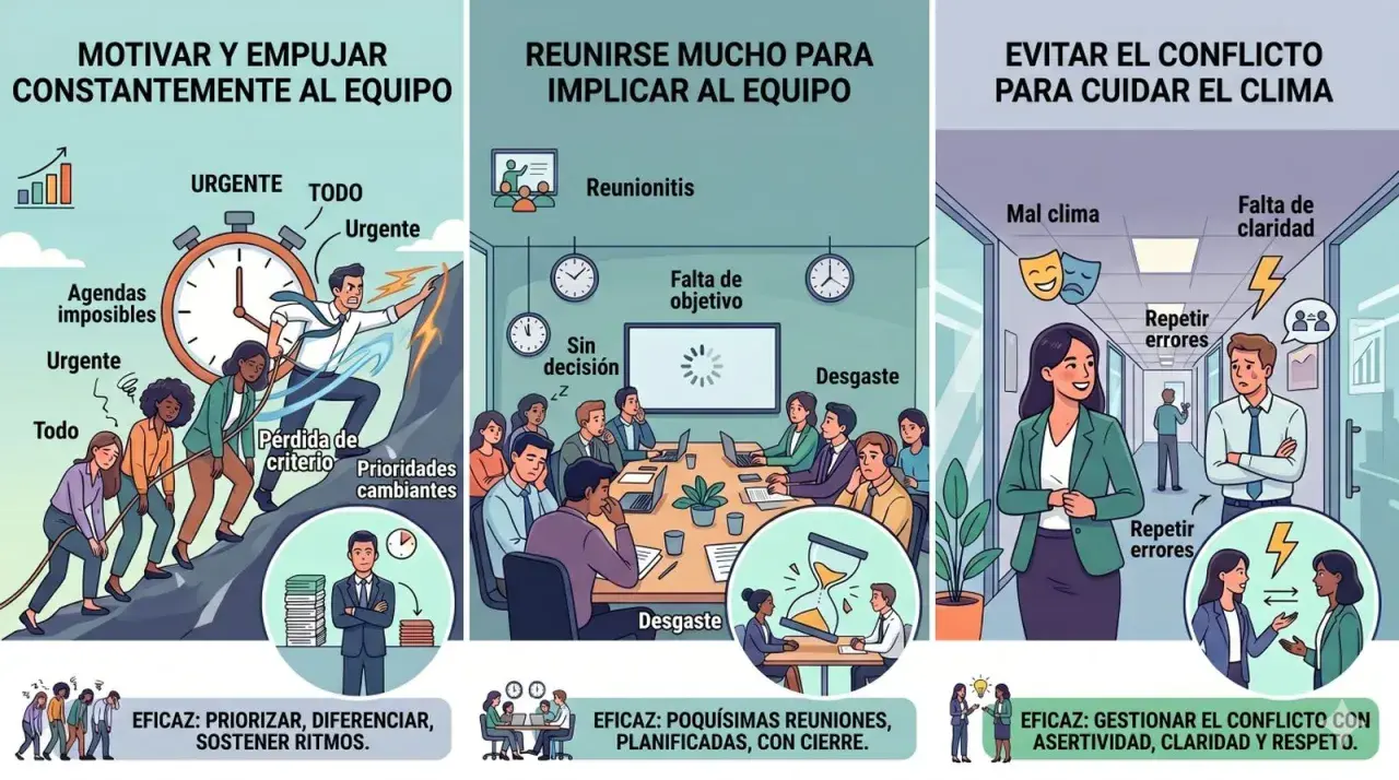 Un líder se pone al frente de un grupo de trabajo, motivándolos a superar obstáculos y priorizar tareas.