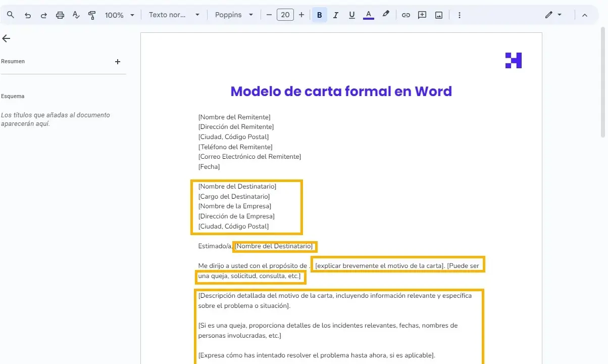 Plantilla para saber como se escribe una carta formal en Word, con campos para remitente, destinatario y el cuerpo del mensaje.