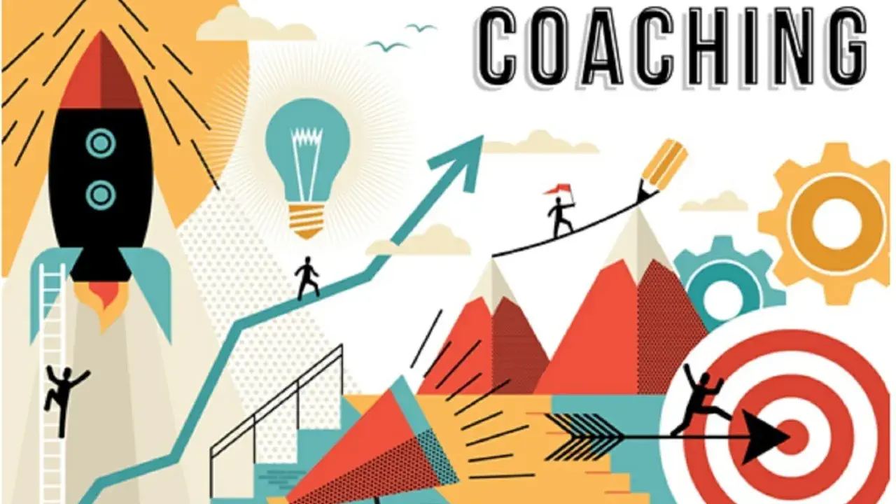 Coaching corporativo: cohete, bombilla, montañas y diana simbolizan el crecimiento y el éxito.