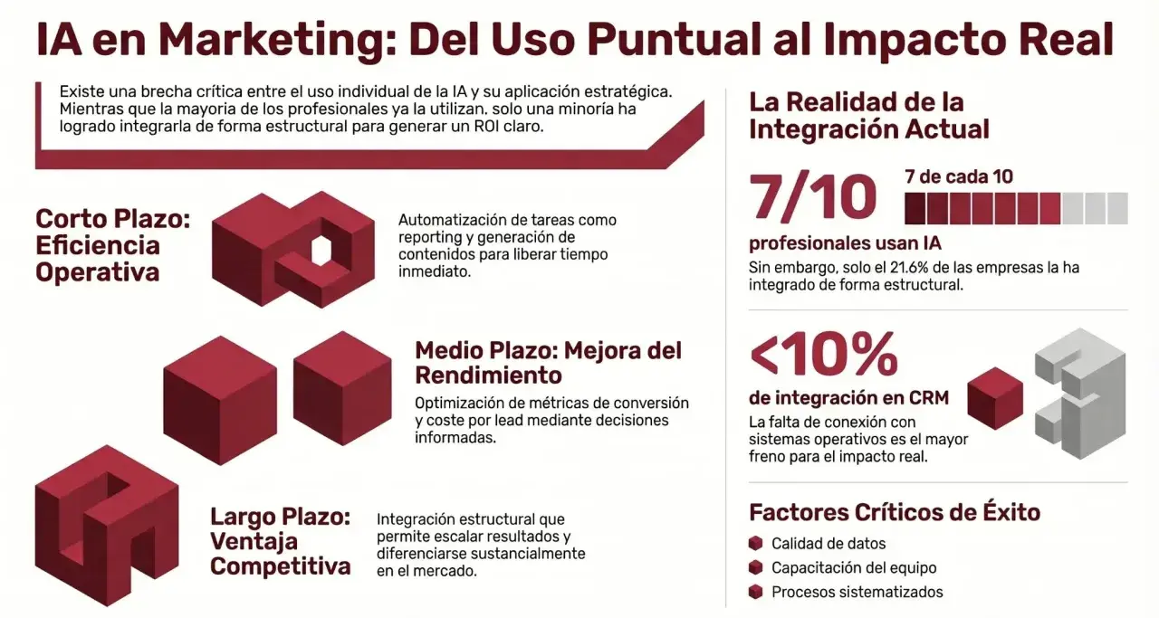 Infografía sobre IA en marketing: muestra la brecha entre uso individual y estructural en la **empresa ia**, destacando beneficios a corto, medio y largo plazo.