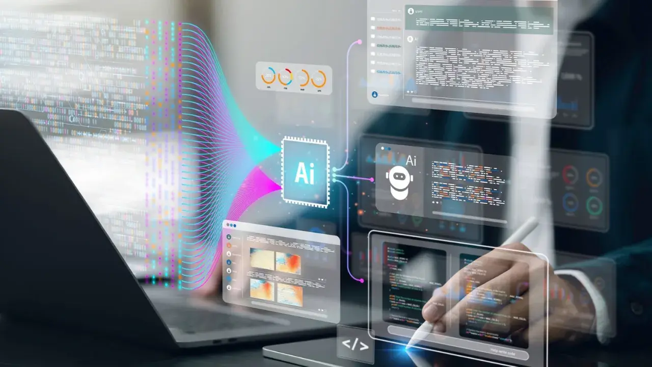 Un software architect diseña sistemas de IA, visualizando código y datos en pantallas holográficas.
