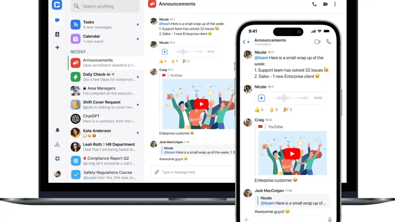 Comunicación en equipo: una pantalla muestra un chat de anuncios con mensajes, videos y reacciones, fomentando el trabajo en equipo.