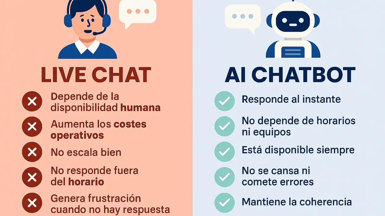 Comparación entre Live Chat y AI Chatbot. El chatbot con inteligencia artificial ofrece respuestas instantáneas y disponibilidad constante, a diferencia del chat humano.