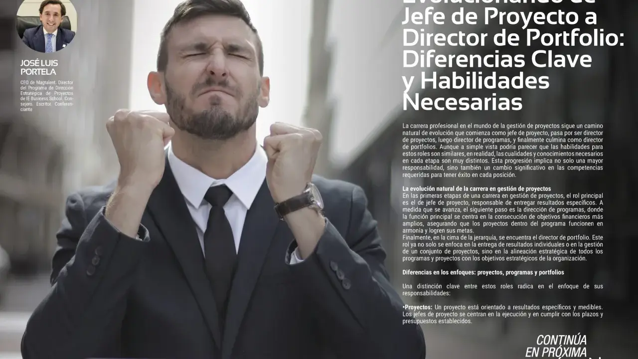 Hombre con puños cerrados, celebrando el éxito. El texto habla sobre las funciones de un encargado y la evolución profesional.