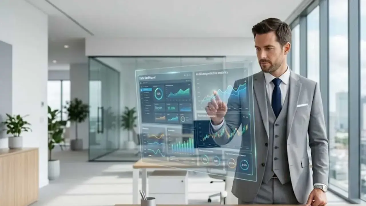 Hombre de negocios interactúa con un panel holográfico de datos, visualizando el futuro de su **global executive mba**.