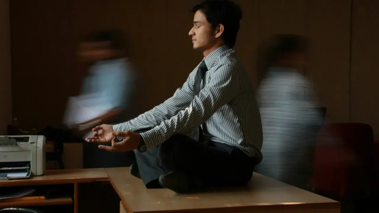 Un joven en posición de loto, con las manos en meditación, busca la calma en medio del ajetreo. Su serenidad contrasta con las figuras borrosas que lo rodean, reflejando la complejidad de la gestión sanitaria.