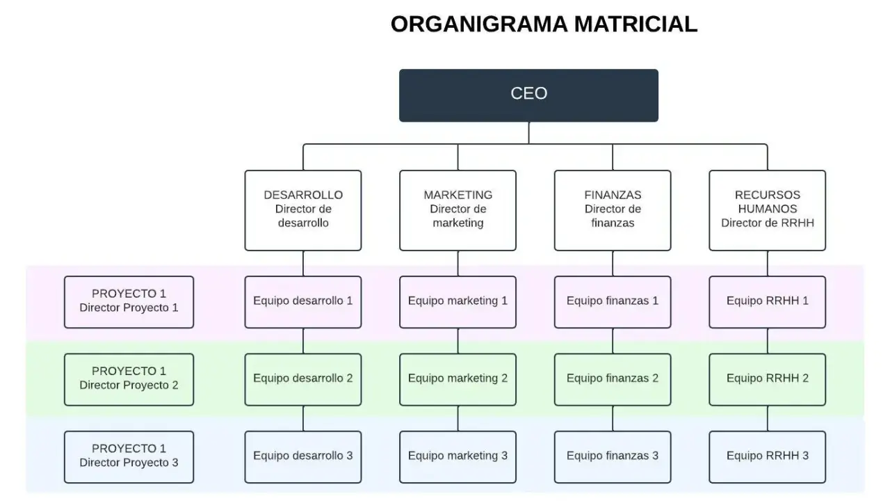 Organigrama matricial de una empresa con CEO, directores de área (Desarrollo, Marketing, Finanzas, RRHH) y equipos por proyecto.