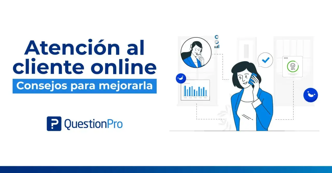 Ilustración sobre atención al cliente online, con consejos para mejorarla. Una mujer habla por teléfono, mientras un gráfico muestra métricas de satisfacción.