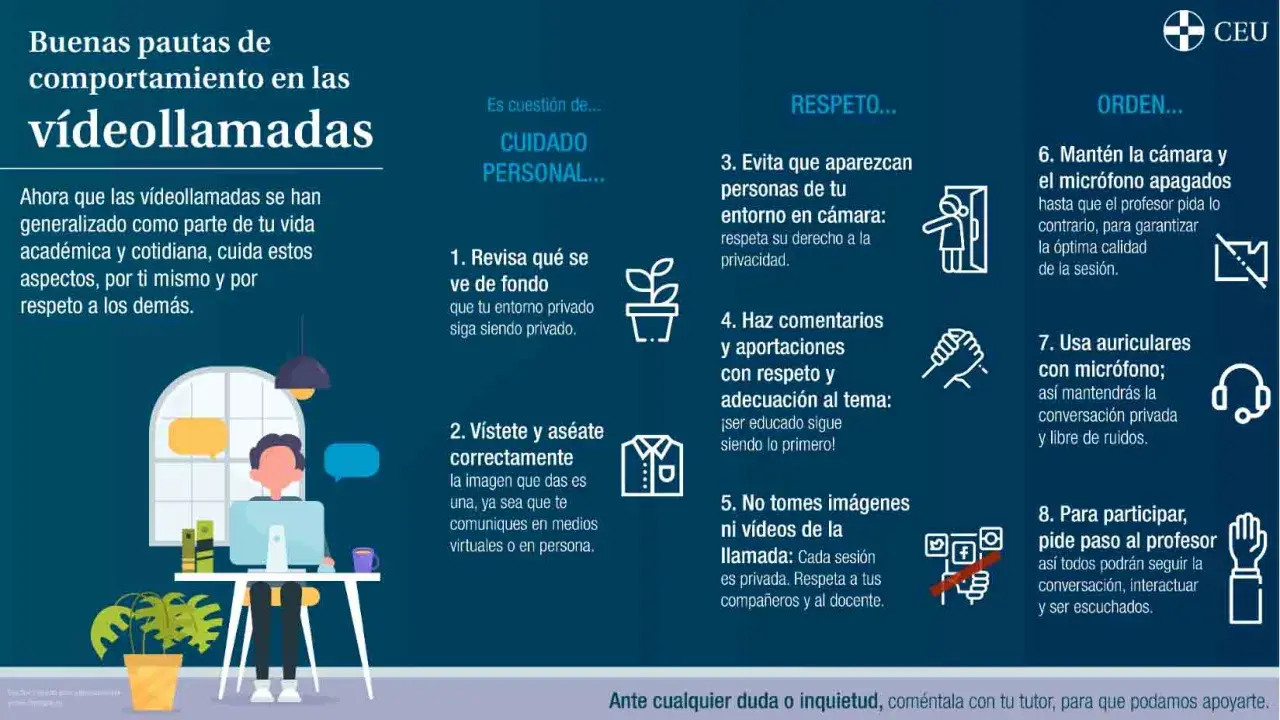 Infografía con pautas para videollamadas: cuida tu entorno, vístete, respeta la privacidad y el tema, no grabes, y mantén orden.