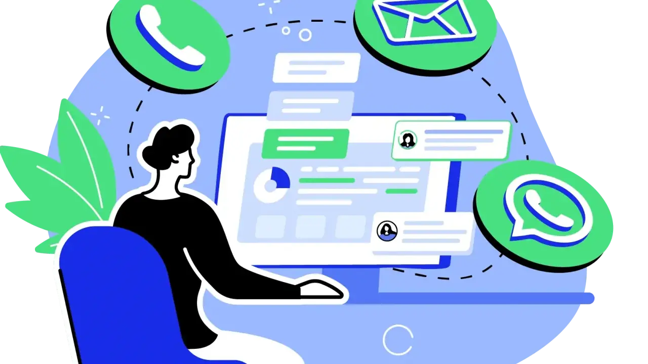 Persona trabajando en un ordenador con iconos de comunicación flotando. El software de desarrollo permite la conexión.