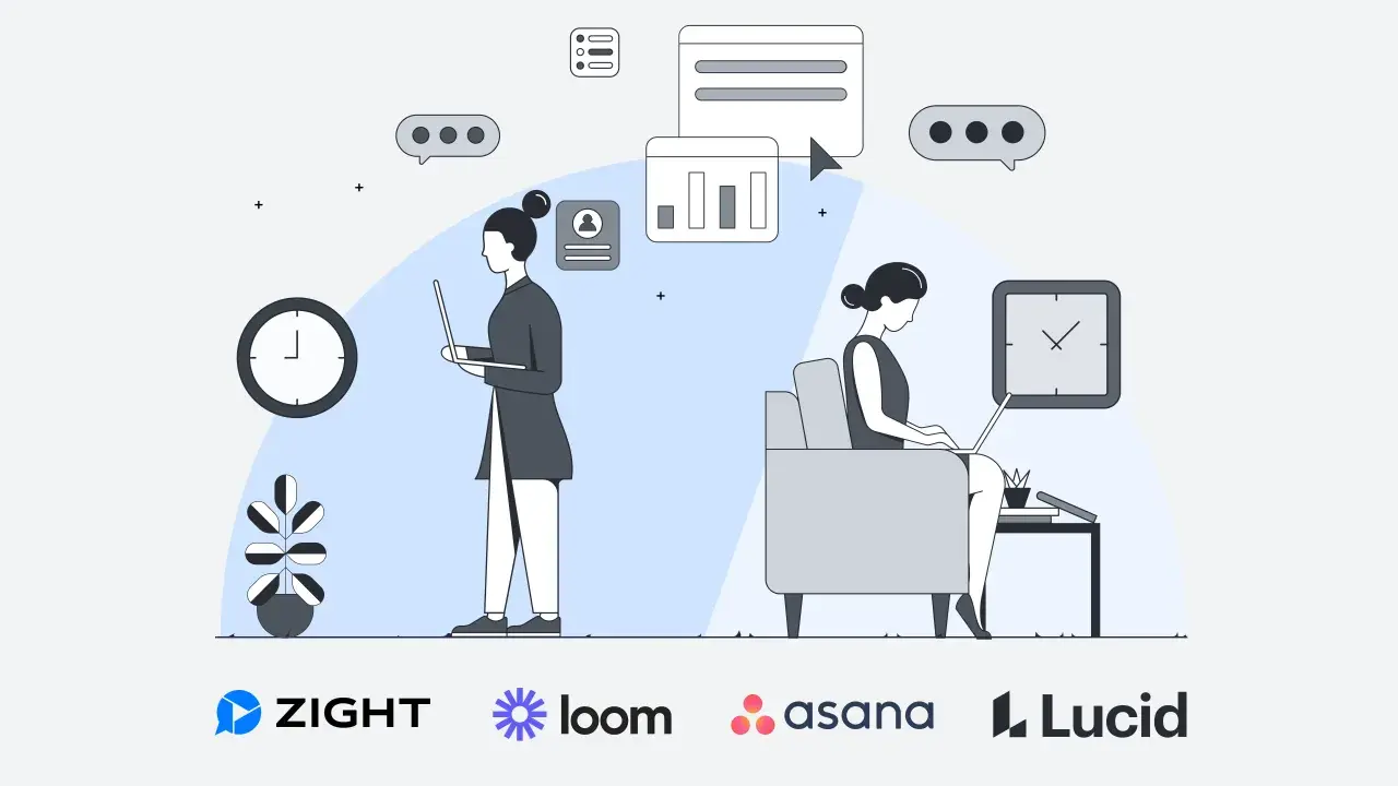 Dos personas trabajando en sus laptops, una de pie y otra sentada, con iconos de chat y gráficos, ilustrando la **comunicación asíncrona** y la eficiencia.
