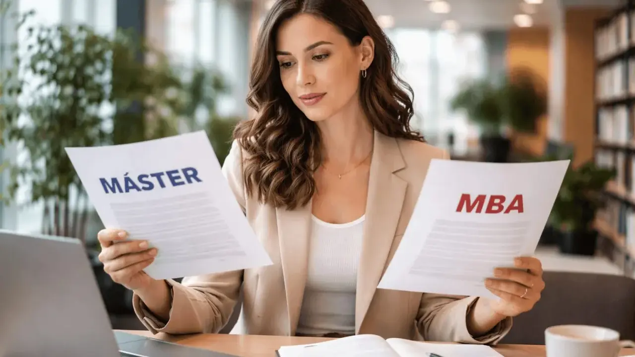 Mujer joven compara documentos de Máster y MBA, decidiendo su futuro académico y profesional.