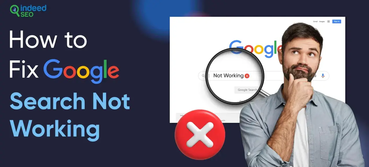 Hombre pensativo ante un buscador Google con "Not Working" y un símbolo de error. Soluciones para la búsqueda empresarial.