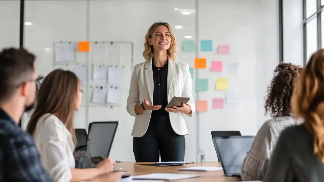 Mujer liderando reunión, explicando ideas para la gestión de equipos.