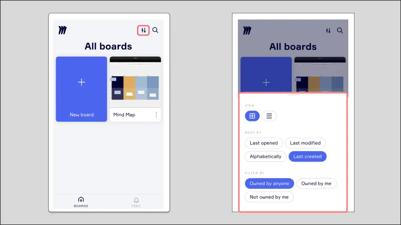 Pantalla de la miro app mostrando "All boards" con opciones de vista, ordenación y filtrado.