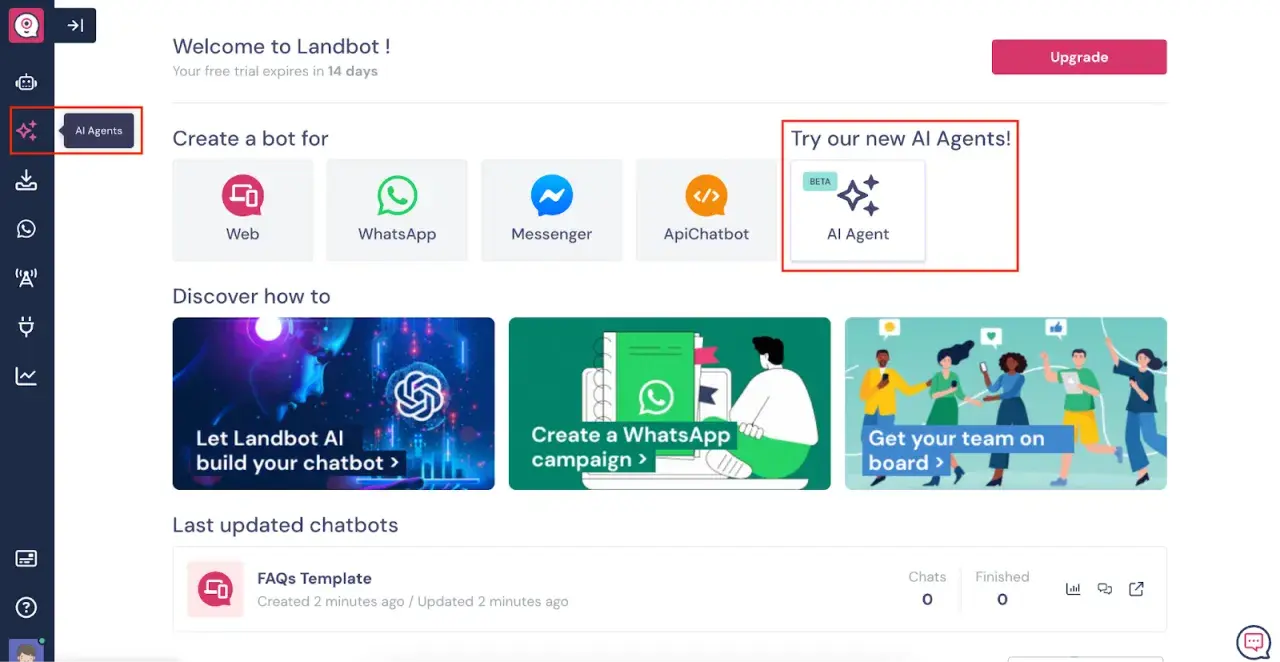 Panel de control de Landbot.io con opción para crear bots y probar nuevos Agentes de IA.
