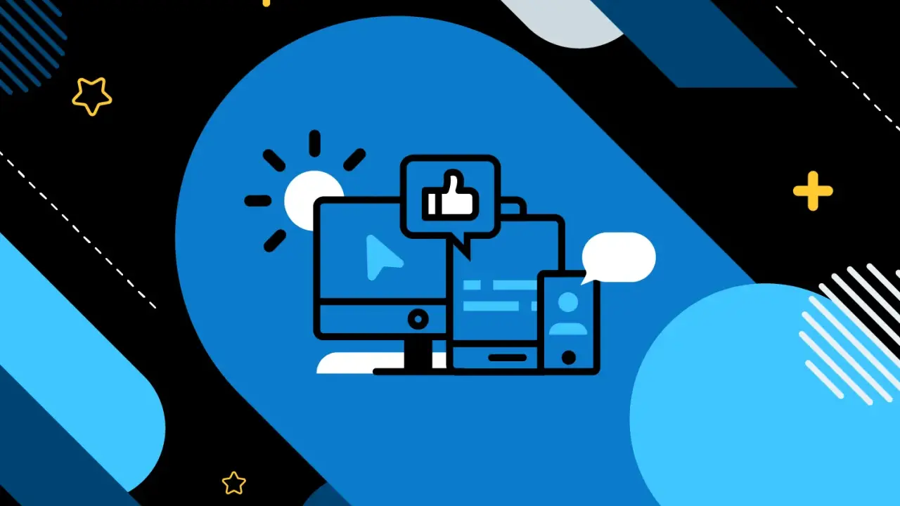 Ilustración de dispositivos (computadora, tablet, móvil) con iconos de redes sociales, representando la comunicación sincrono vs asincrono.