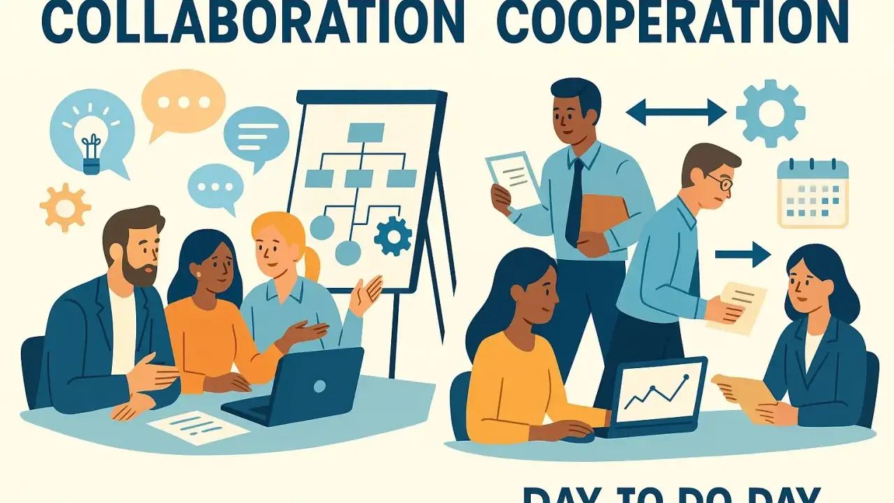 Ilustración de **trabajo cooperativo y colaborativo** en equipo, con personas discutiendo ideas, presentando proyectos y trabajando juntas en el día a día.