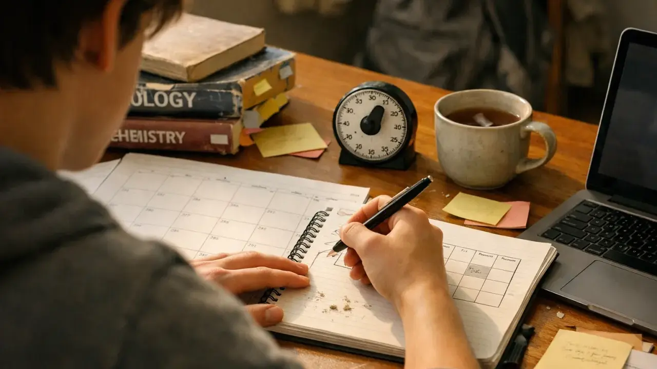 Estudiante planifica sus **trabajos mientras estudia**, rodeado de libros, un temporizador y una taza de té.