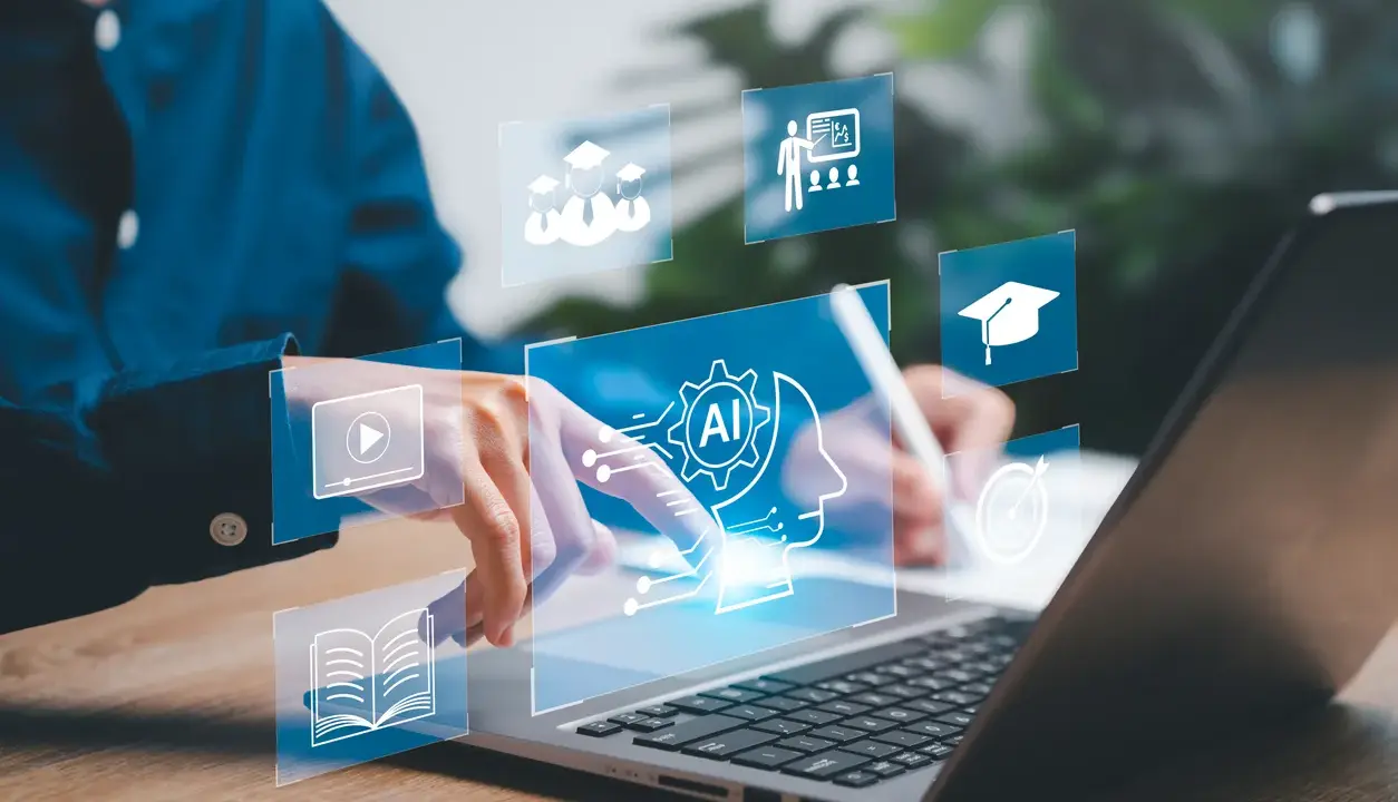 Persona interactúa con interfaz digital de inteligencia artificial y empleo, con iconos de aprendizaje y desarrollo profesional.