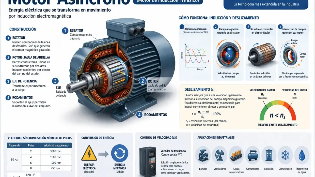 Motor asíncrono con rotor y estator, mostrando el campo magnético giratorio y la inducción. El deslizamiento es clave para el funcionamiento sincrono y asincrono.