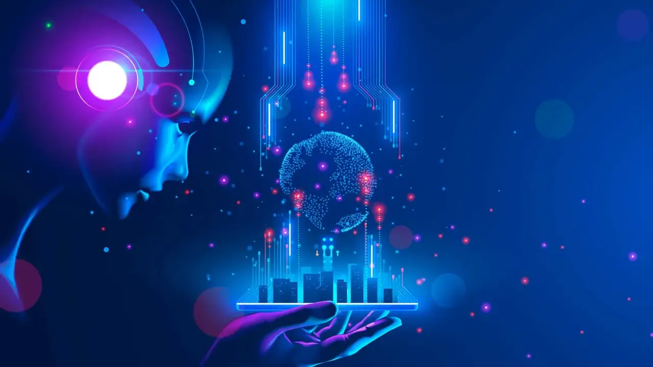 Cabeza de robot con ojo brillante, sosteniendo una mano una tablet con un mundo digital y edificios. La tecnología inteligente conecta el futuro.