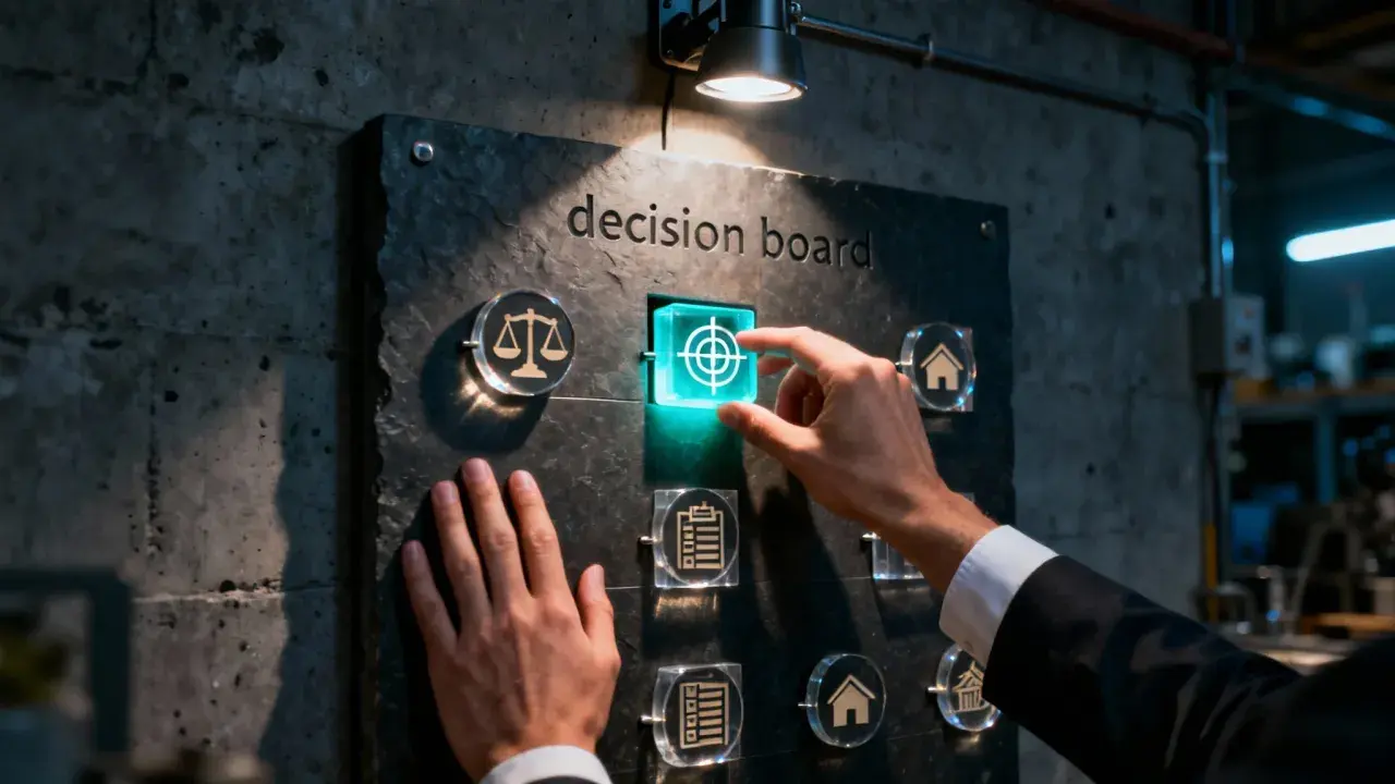 Man interactúa con un panel de decisiones, seleccionando un objetivo. El panel, con íconos de justicia, hogar y documentos, parece un tablero de control de una software house.