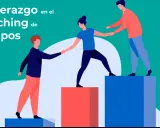 Ilustración de tres personas colaborando en escalones, simbolizando el liderazgo y coaching de equipos para alcanzar metas.