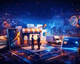 Dos hombres de negocios estrechan la mano frente a una tienda, simbolizando el futuro de los negocios con inteligencia artificial, con gráficos, dinero y una tarjeta de crédito.