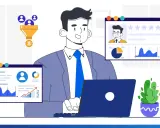 Hombre analizando datos de clientes en pantallas, con embudo de ventas y gráficos.