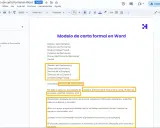 Plantilla para saber como se escribe una carta formal en Word, con campos para remitente, destinatario y el cuerpo del mensaje.