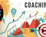 Coaching corporativo: cohete, bombilla, montañas y diana simbolizan el crecimiento y el éxito.