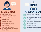 Comparación entre Live Chat y AI Chatbot. El chatbot con inteligencia artificial ofrece respuestas instantáneas y disponibilidad constante, a diferencia del chat humano.