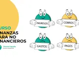 Curso de finanzas para no financieros. Personajes animados sostienen carteles: "Ingresos", "Cobros", "Gastos" y "Pagos".