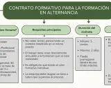 Diagrama sobre los tipos de contratos de prácticas formativas en alternancia: quiénes pueden firmarlos, requisitos, duración y jornada.