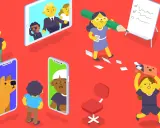 Personas interactúan a través de pantallas, un calendario y un pizarrón, demostrando **cross functional collaboration** en un entorno de oficina moderno.