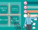 Un hombre feliz arroja papeles, mientras un diagrama muestra cómo escribir una agenda de reunión: hazlo ya, agendado y planificado, delega, a la basura.