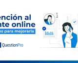 Ilustración sobre atención al cliente online, con consejos para mejorarla. Una mujer habla por teléfono, mientras un gráfico muestra métricas de satisfacción.