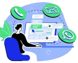 Persona trabajando en un ordenador con iconos de comunicación flotando. El software de desarrollo permite la conexión.