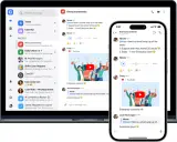 Interfaz de chat interno de empresa con mensajes, videos y notificaciones.