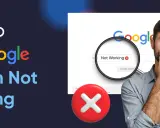 Hombre pensativo ante un buscador Google con "Not Working" y un símbolo de error. Soluciones para la búsqueda empresarial.