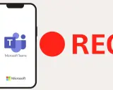 Teléfono con logo de Microsoft Teams y botón rojo de REC, indicando cómo grabar una videollamada.