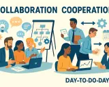 Ilustración de **trabajo cooperativo y colaborativo** en equipo, con personas discutiendo ideas, presentando proyectos y trabajando juntas en el día a día.