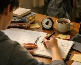 Estudiante planifica sus **trabajos mientras estudia**, rodeado de libros, un temporizador y una taza de té.