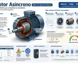 Motor asíncrono con rotor y estator, mostrando el campo magnético giratorio y la inducción. El deslizamiento es clave para el funcionamiento sincrono y asincrono.